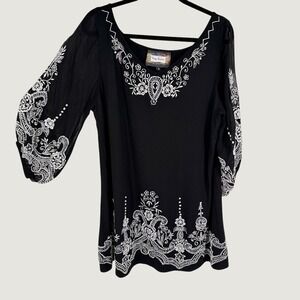 Vintage Collection Embroidered Beaded Tunic Top Size XL Black Puff Sleeve Boho